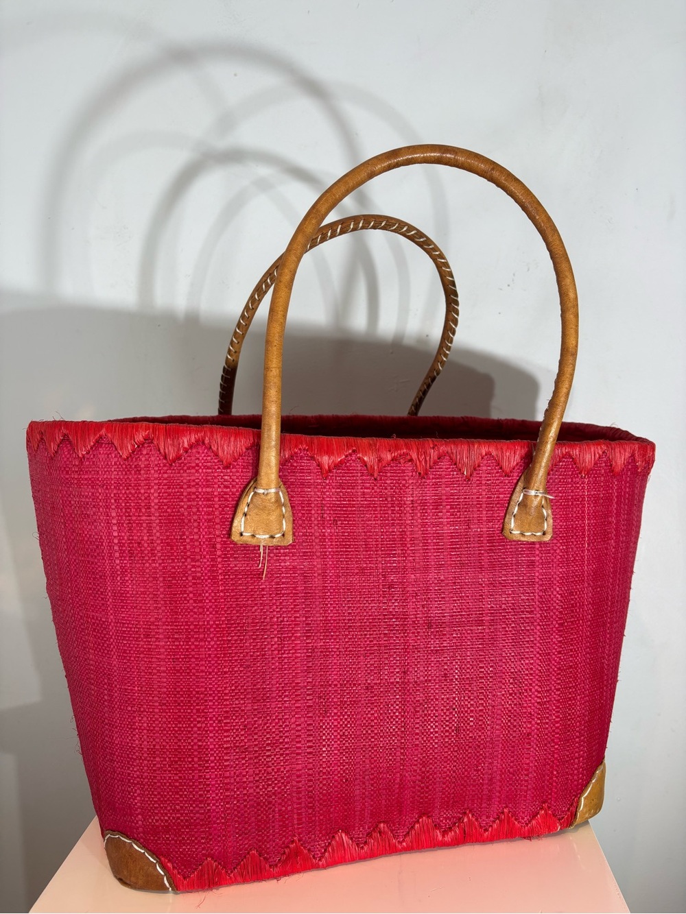 Onigo Woven Red Raffia Tote Bag Genuine Leather Handles Drawstring